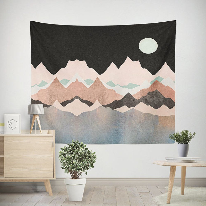 HKM-238291 Nordic Pink Mountain Peak Landscape Printed Tapestry, Machine Washable, Rectangle Shape, Soft Peach Skin and Flannel Options