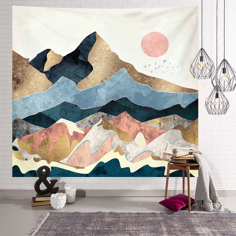 HKM-238291 Nordic Pink Mountain Peak Landscape Printed Tapestry, Machine Washable, Rectangle Shape, Soft Peach Skin and Flannel Options