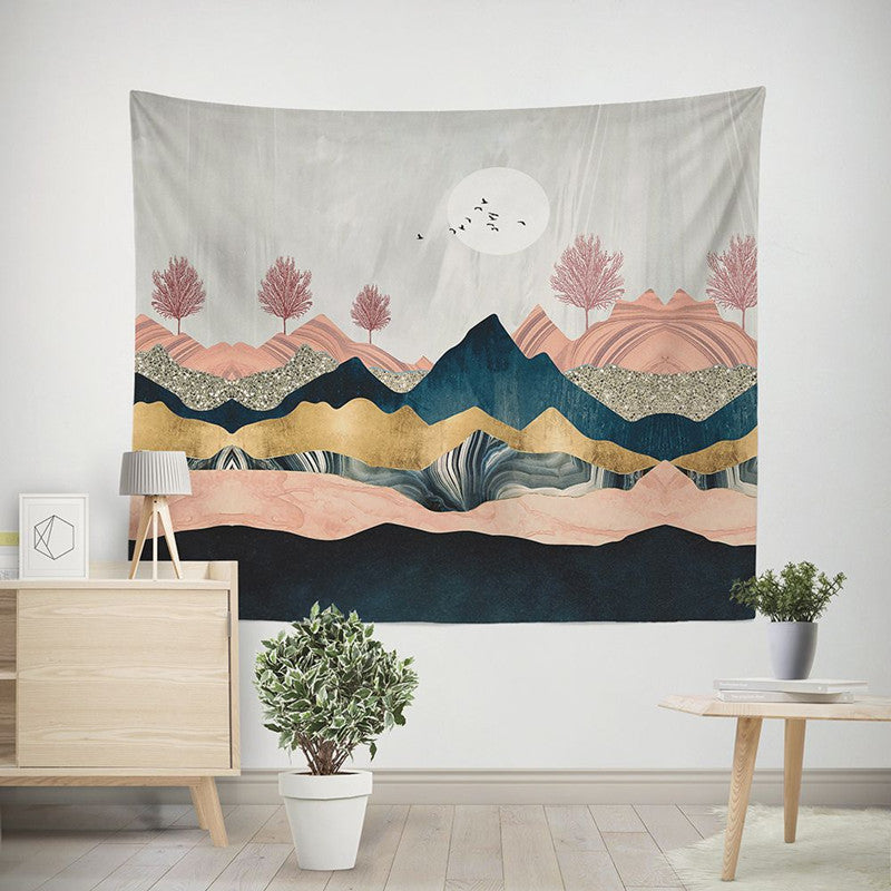 HKM-238291 Nordic Pink Mountain Peak Landscape Printed Tapestry, Machine Washable, Rectangle Shape, Soft Peach Skin and Flannel Options