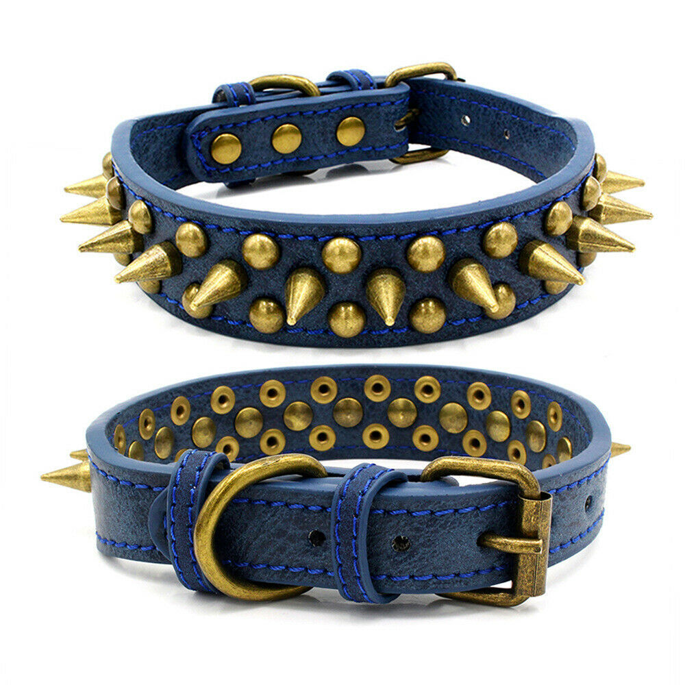 HKM-238419 Large Dog Leather Collar with Spiked Rivets - Adjustable PU Faux Leather, Suitable for Pit Bulls, Sizes S-XL