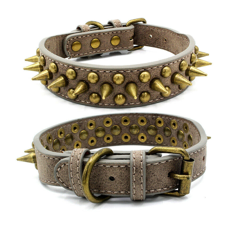 HKM-238419 Large Dog Leather Collar with Spiked Rivets - Adjustable PU Faux Leather, Suitable for Pit Bulls, Sizes S-XL
