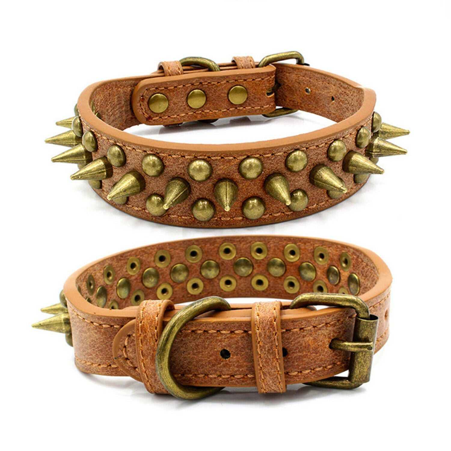 HKM-238419 Large Dog Leather Collar with Spiked Rivets - Adjustable PU Faux Leather, Suitable for Pit Bulls, Sizes S-XL
