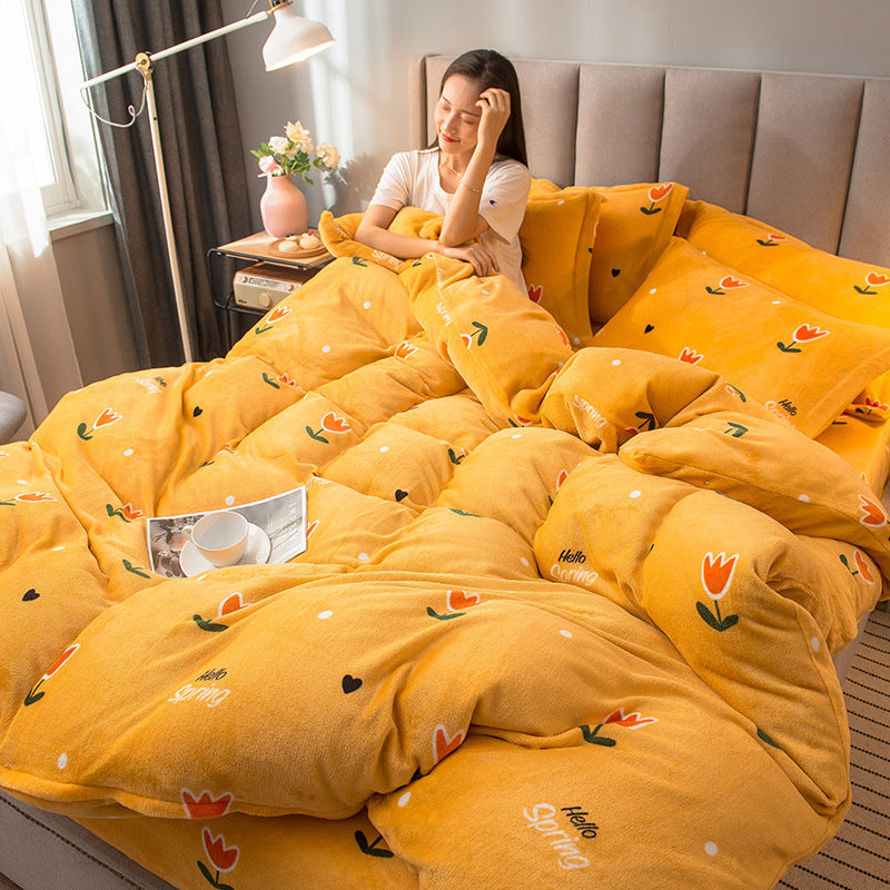HKM-238547 4-Piece Quilted Mink Fabric Bedding Set with Anti-Static Properties