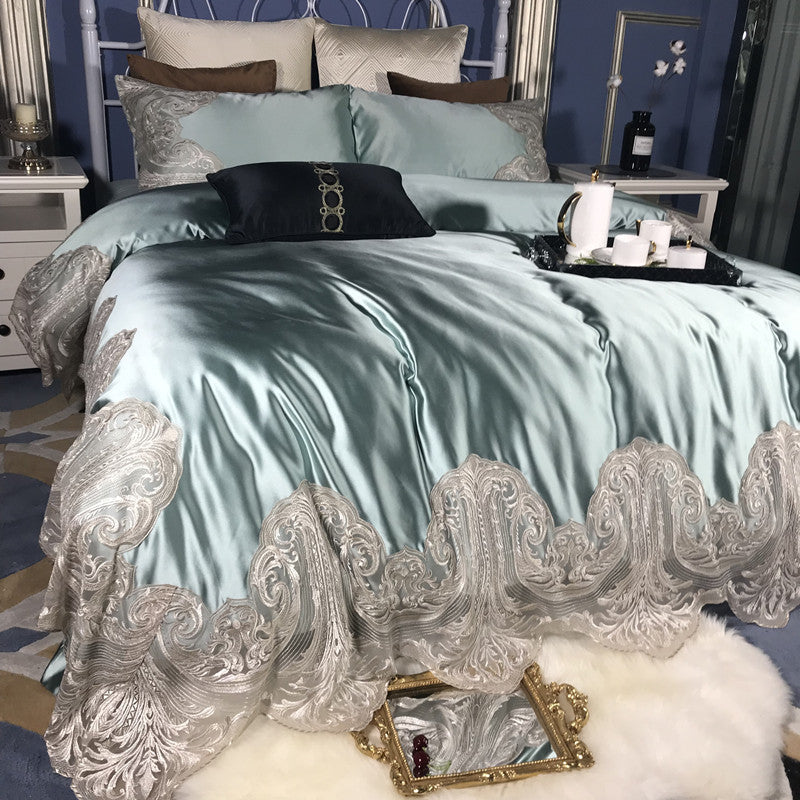 HKM-238547 Cotton Four-Piece Bedding Set with Lace Silk Quilt Cover for 1.5m, 1.8m, and 2.0m Beds
