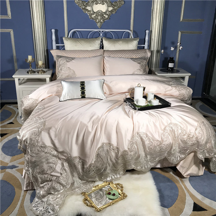 HKM-238547 Cotton Four-Piece Bedding Set with Lace Silk Quilt Cover for 1.5m, 1.8m, and 2.0m Beds