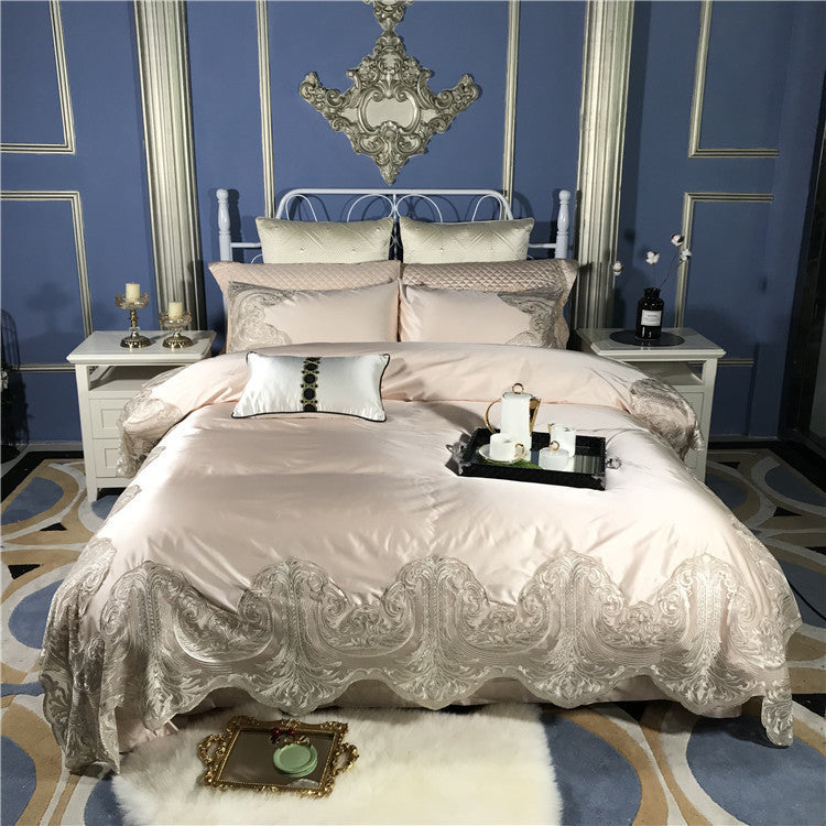 HKM-238547 Cotton Four-Piece Bedding Set with Lace Silk Quilt Cover for 1.5m, 1.8m, and 2.0m Beds