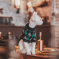 HKM-238803 Plaid Long-Sleeved Cotton Sweater for Hairless Cats - Green, Multiple Sizes Available
