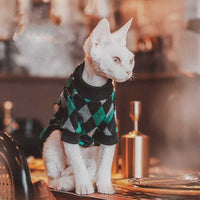 HKM-238803 Plaid Long-Sleeved Cotton Sweater for Hairless Cats - Green, Multiple Sizes Available