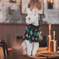 HKM-238803 Plaid Long-Sleeved Cotton Sweater for Hairless Cats - Green, Multiple Sizes Available