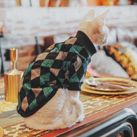 HKM-238803 Plaid Long-Sleeved Cotton Sweater for Hairless Cats - Green, Multiple Sizes Available