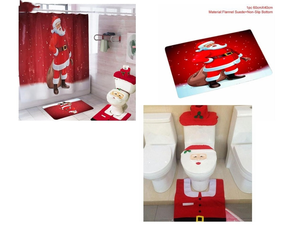 HKM-238995 Christmas Bathroom Set with Shower Curtain, Toilet Seat Cover, and Floor Mats