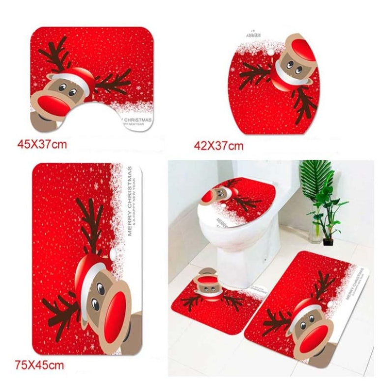 HKM-238995 Christmas Bathroom Set with Shower Curtain, Toilet Seat Cover, and Floor Mats