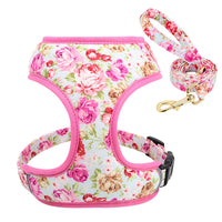 HKM-239251 Adjustable Cloth Dog Leash and Harness for Puppies - Floral Designs with Matching Carriers