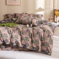 HKM-239379 Cotton Double-Layer Floral Pattern Bedding Set - Four-Piece with Bed Sheet, Quilt Cover, and Pillowcases