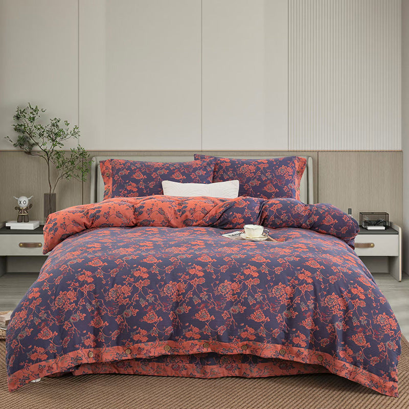 HKM-239379 Cotton Double-Layer Floral Pattern Bedding Set - Four-Piece with Bed Sheet, Quilt Cover, and Pillowcases