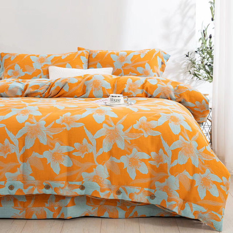 HKM-239379 Cotton Double-Layer Floral Pattern Bedding Set - Four-Piece with Bed Sheet, Quilt Cover, and Pillowcases