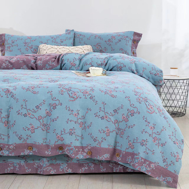 HKM-239379 Cotton Double-Layer Floral Pattern Bedding Set - Four-Piece with Bed Sheet, Quilt Cover, and Pillowcases