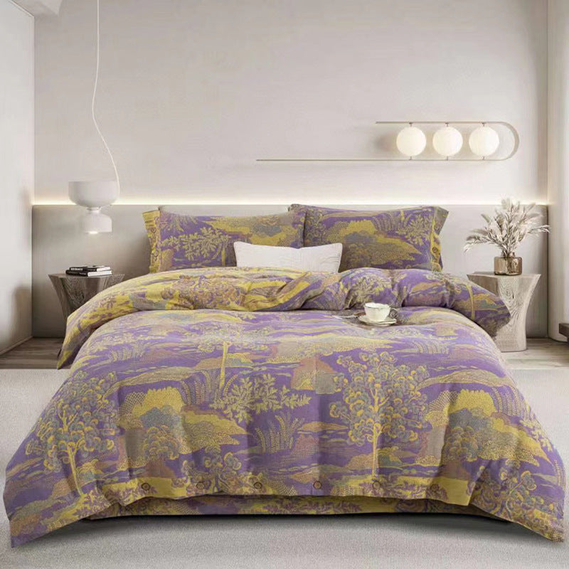 HKM-239379 Cotton Double-Layer Floral Pattern Bedding Set - Four-Piece with Bed Sheet, Quilt Cover, and Pillowcases