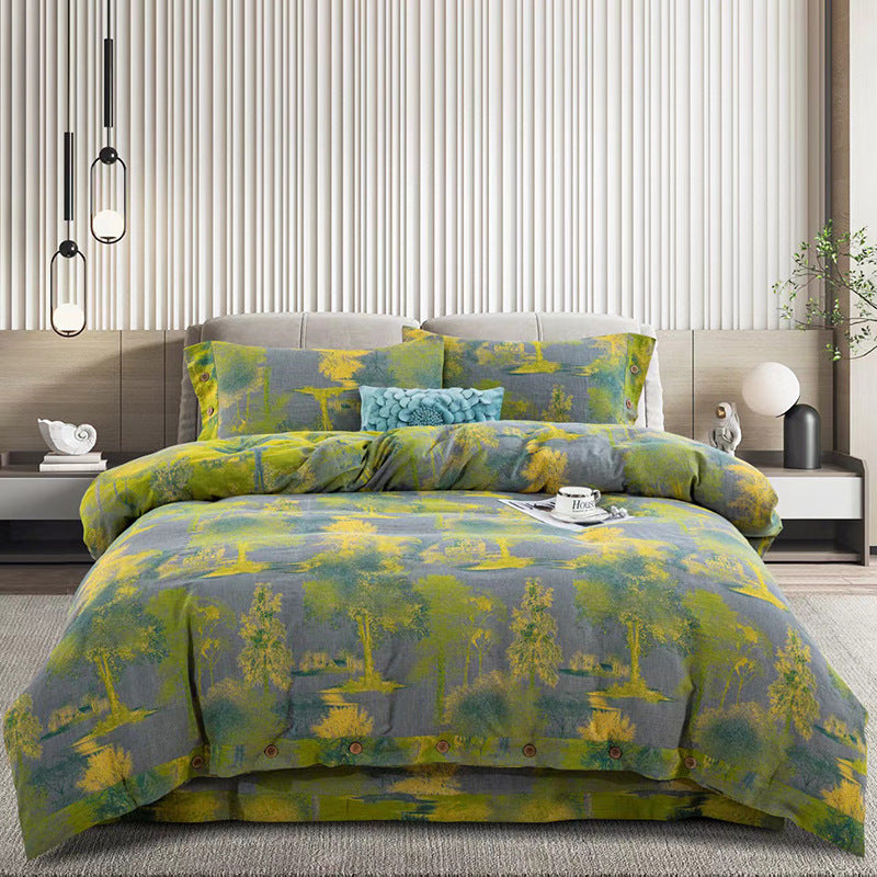 HKM-239379 Cotton Double-Layer Floral Pattern Bedding Set - Four-Piece with Bed Sheet, Quilt Cover, and Pillowcases