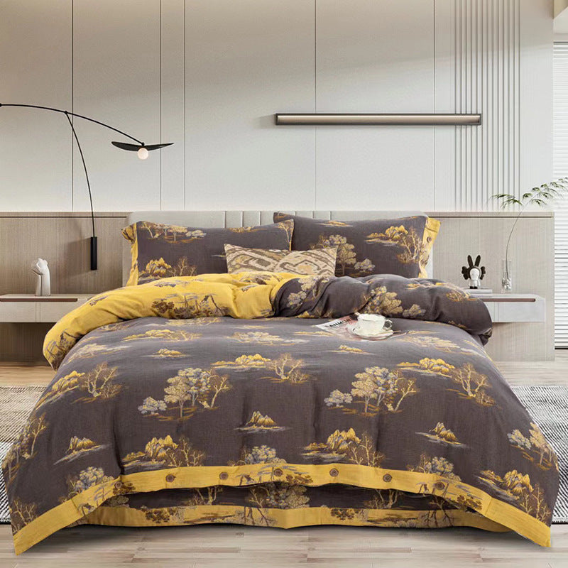 HKM-239379 Cotton Double-Layer Floral Pattern Bedding Set - Four-Piece with Bed Sheet, Quilt Cover, and Pillowcases