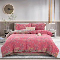 HKM-239379 Cotton Double-Layer Floral Pattern Bedding Set - Four-Piece with Bed Sheet, Quilt Cover, and Pillowcases