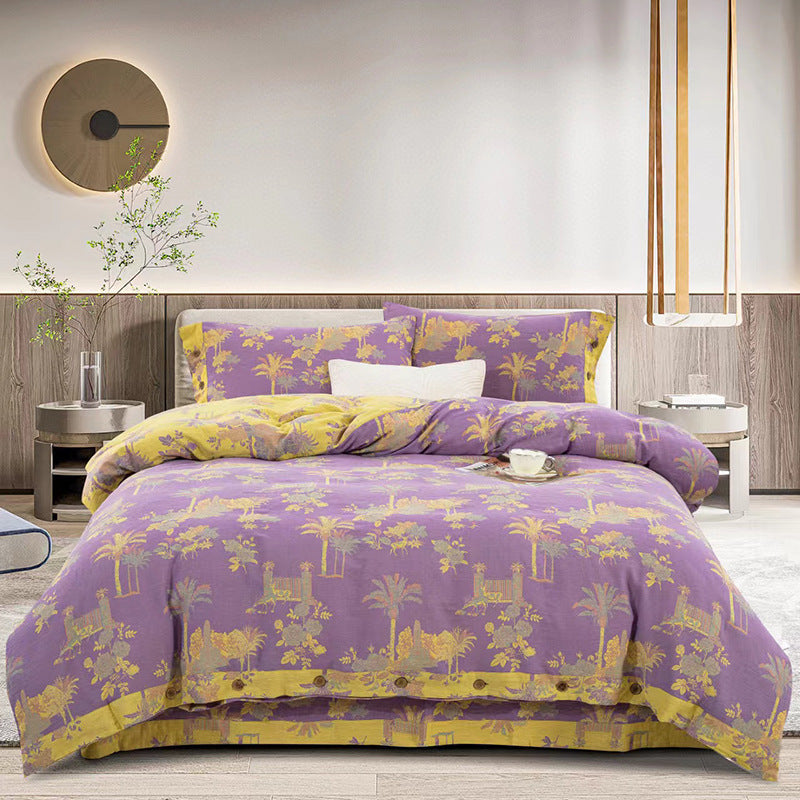 HKM-239379 Cotton Double-Layer Floral Pattern Bedding Set - Four-Piece with Bed Sheet, Quilt Cover, and Pillowcases