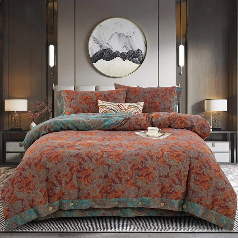 HKM-239379 Cotton Double-Layer Floral Pattern Bedding Set - Four-Piece with Bed Sheet, Quilt Cover, and Pillowcases