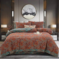 HKM-239379 Cotton Double-Layer Floral Pattern Bedding Set - Four-Piece with Bed Sheet, Quilt Cover, and Pillowcases