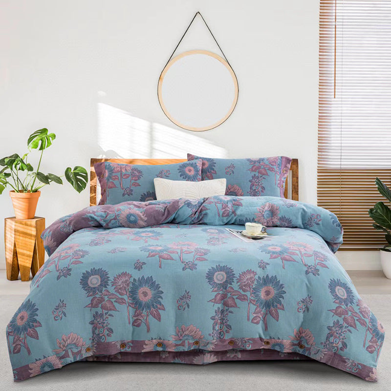 HKM-239379 Cotton Double-Layer Floral Pattern Bedding Set - Four-Piece with Bed Sheet, Quilt Cover, and Pillowcases