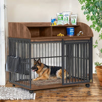 HKM-239379 Heavy Duty Large Dog Crate with Lockable Wheels and Storage, Wooden Design for Medium to Large Dogs