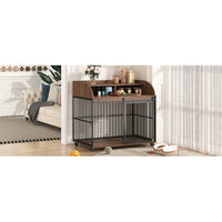 HKM-239379 Heavy Duty Large Dog Crate with Lockable Wheels and Storage, Wooden Design for Medium to Large Dogs