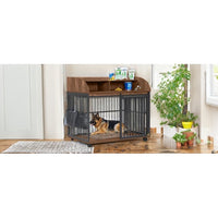 HKM-239379 Heavy Duty Large Dog Crate with Lockable Wheels and Storage, Wooden Design for Medium to Large Dogs