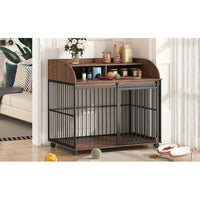 HKM-239379 Heavy Duty Large Dog Crate with Lockable Wheels and Storage, Wooden Design for Medium to Large Dogs