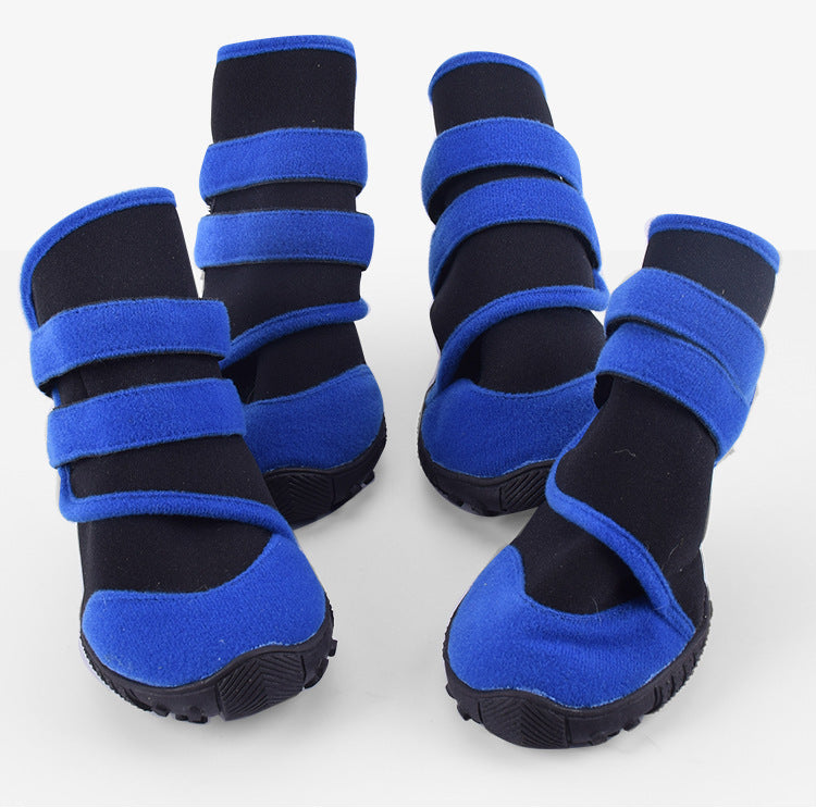 HKM-239379 Waterproof Pet Shoe Covers with Cow Gluten Sole, Non-Slip Design in Red/Black and Blue/Black