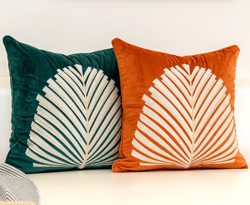 HKM-239507 Modern Dutch Velvet Embroidered Leaf Pattern Pillow Cover - 45x45cm in Blue, Orange, Gray, Green