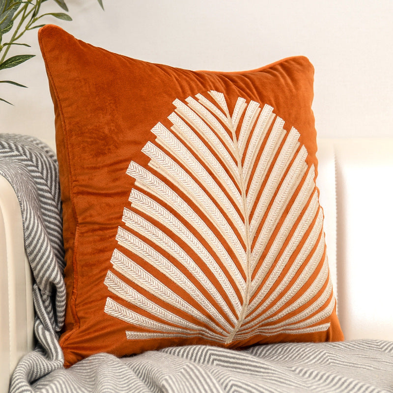 HKM-239507 Modern Dutch Velvet Embroidered Leaf Pattern Pillow Cover - 45x45cm in Blue, Orange, Gray, Green