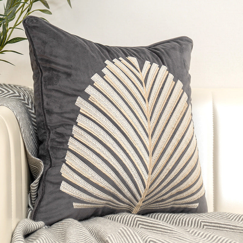 HKM-239507 Modern Dutch Velvet Embroidered Leaf Pattern Pillow Cover - 45x45cm in Blue, Orange, Gray, Green