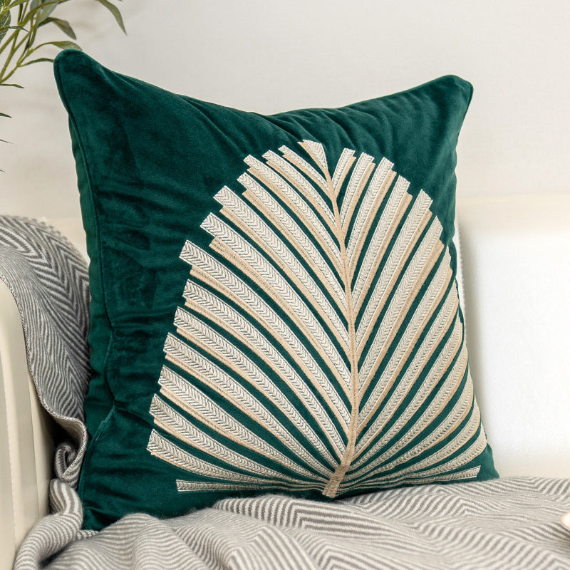 HKM-239507 Modern Dutch Velvet Embroidered Leaf Pattern Pillow Cover - 45x45cm in Blue, Orange, Gray, Green
