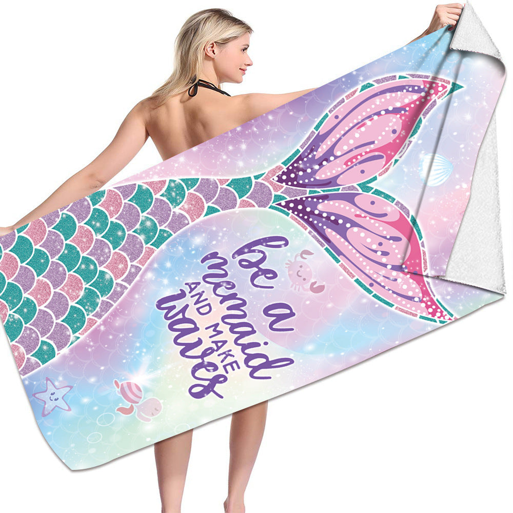 KTX-239955 Microfiber Mermaid-Print Bath Towel - Quick-Drying & Lightweight Rectangular Design