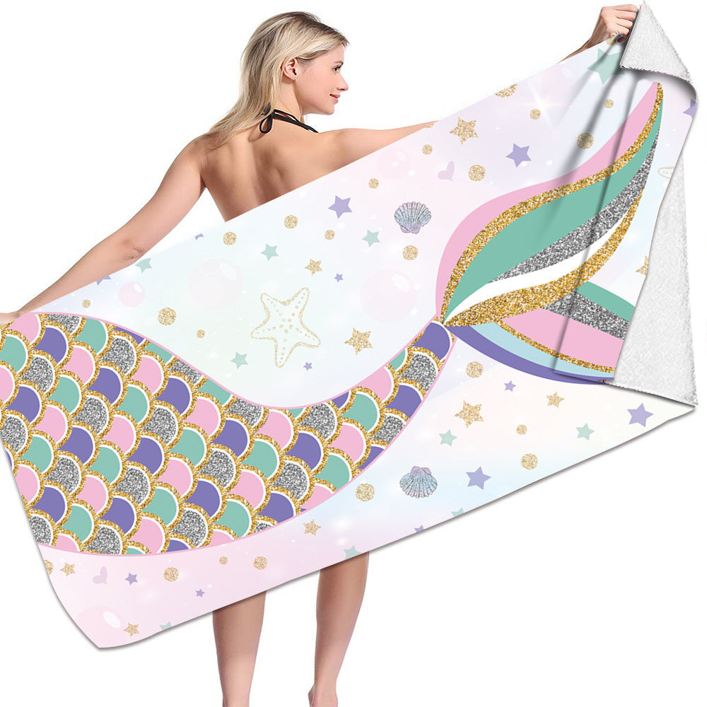 KTX-239955 Microfiber Mermaid-Print Bath Towel - Quick-Drying & Lightweight Rectangular Design