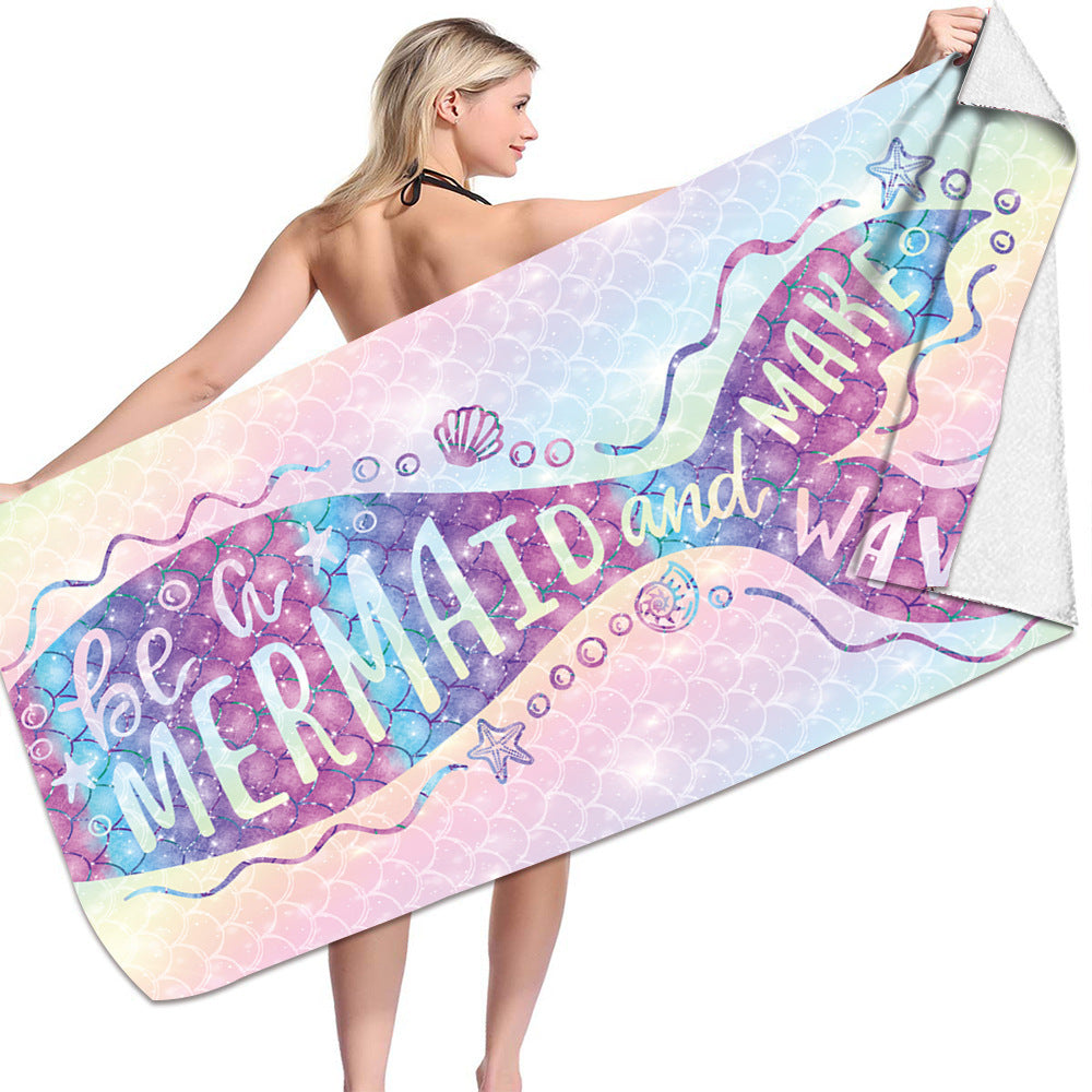 KTX-239955 Microfiber Mermaid-Print Bath Towel - Quick-Drying & Lightweight Rectangular Design