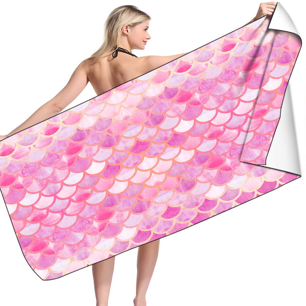KTX-239955 Microfiber Mermaid-Print Bath Towel - Quick-Drying & Lightweight Rectangular Design