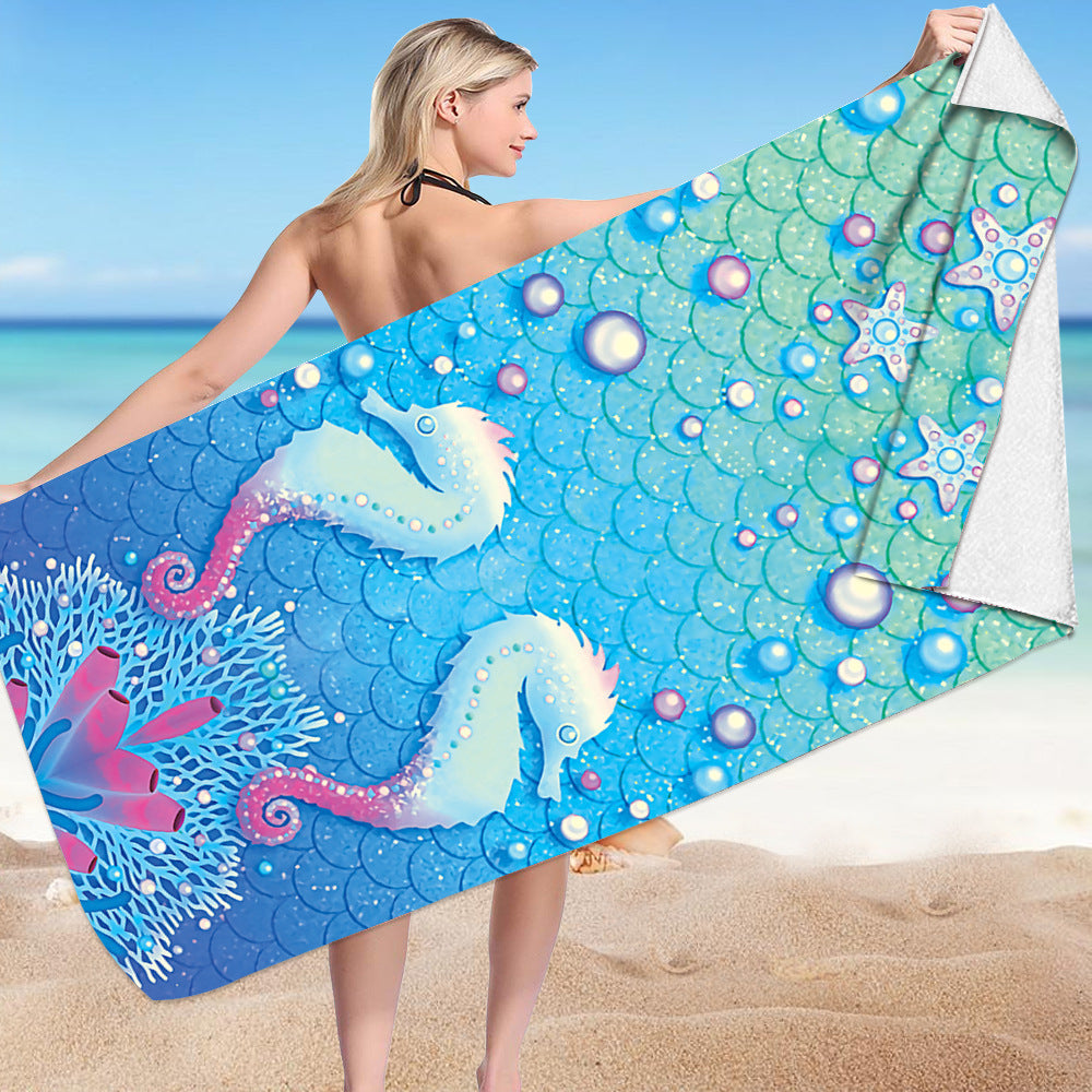 KTX-239955 Microfiber Mermaid-Print Bath Towel - Quick-Drying & Lightweight Rectangular Design