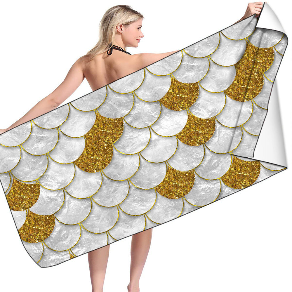 KTX-239955 Microfiber Mermaid-Print Bath Towel - Quick-Drying & Lightweight Rectangular Design