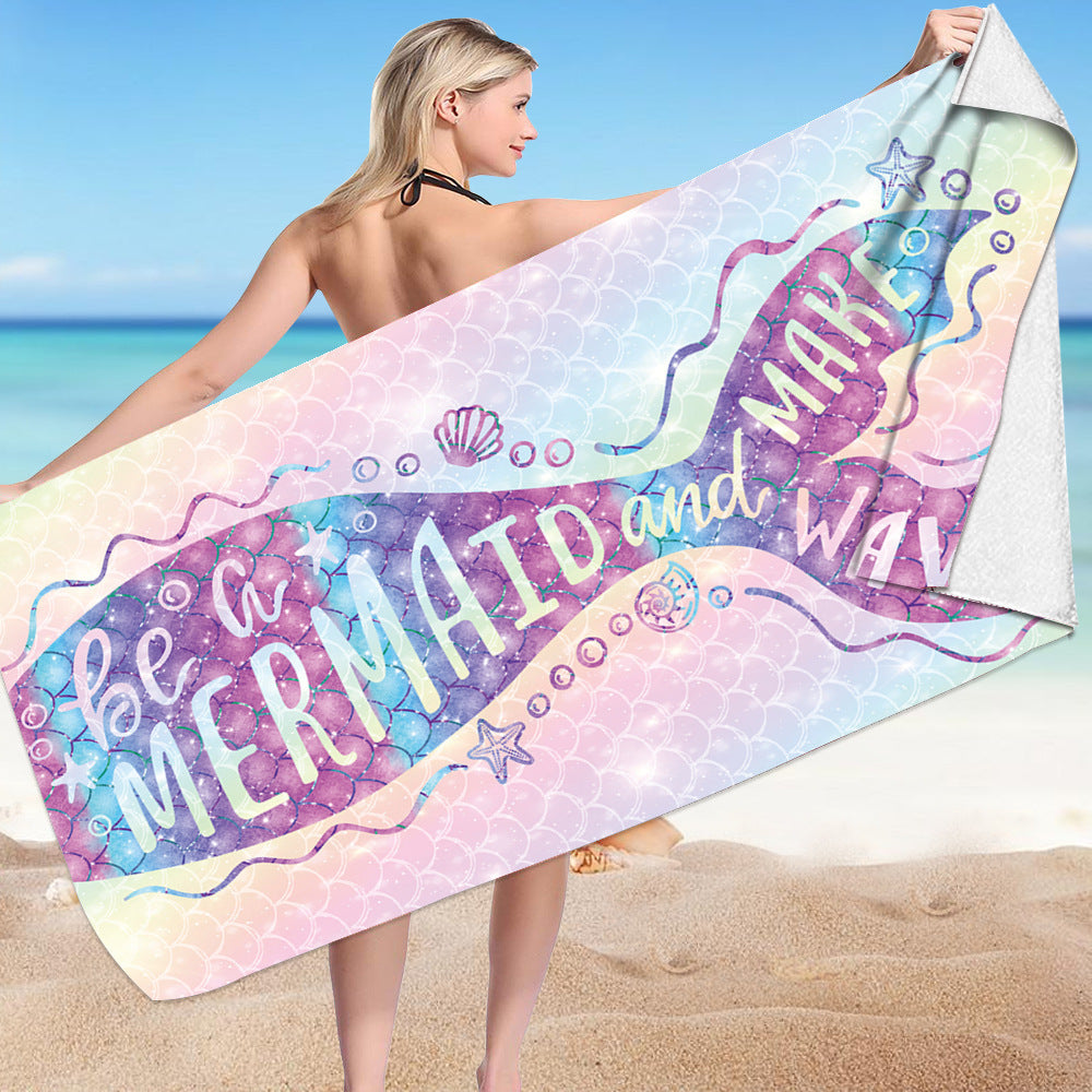 KTX-239955 Microfiber Mermaid-Print Bath Towel - Quick-Drying & Lightweight Rectangular Design