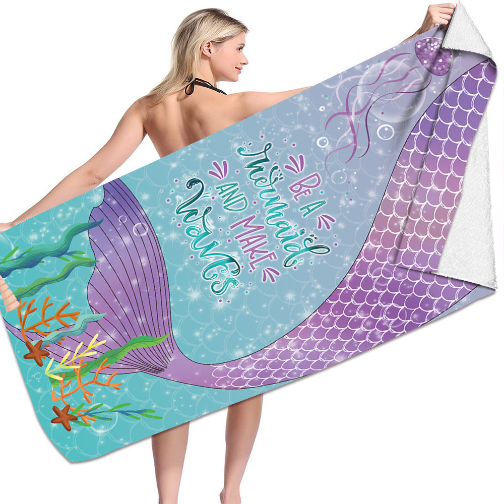 KTX-239955 Microfiber Mermaid-Print Bath Towel - Quick-Drying & Lightweight Rectangular Design