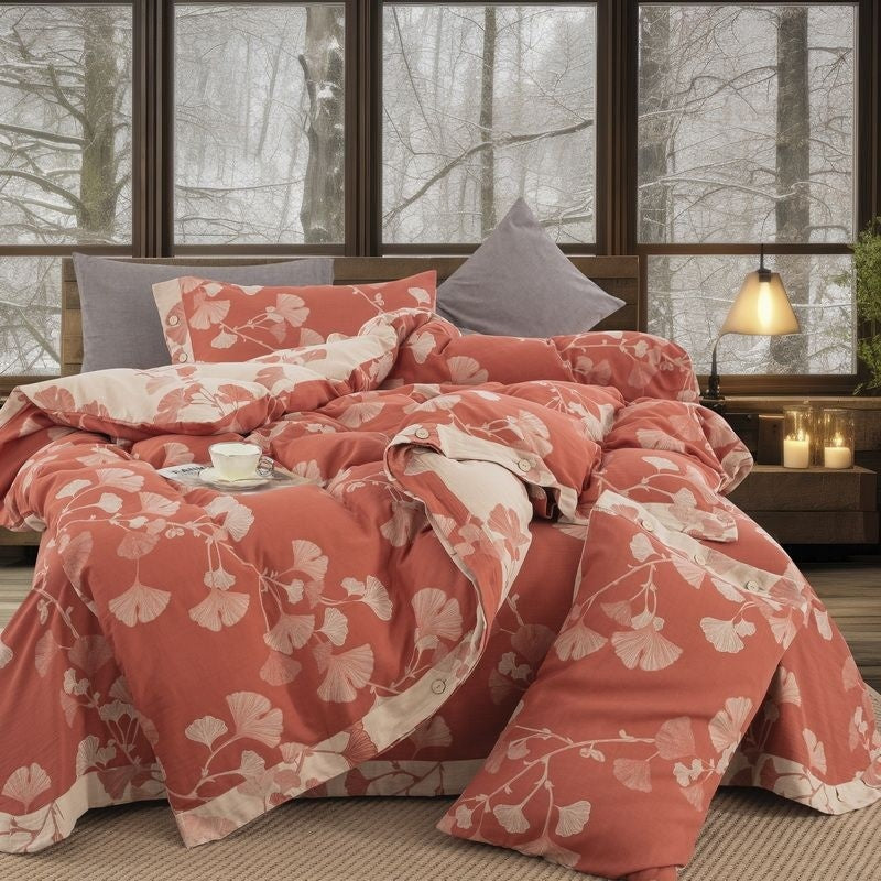 HKM-240531 Cotton Yarn-Dyed Double-Layer Quilt Cover Set with Bed Sheet and Pillowcases
