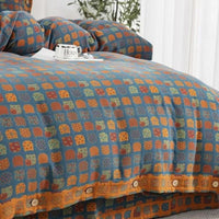 HKM-240531 Cotton Yarn-Dyed Double-Layer Quilt Cover Set with Bed Sheet and Pillowcases