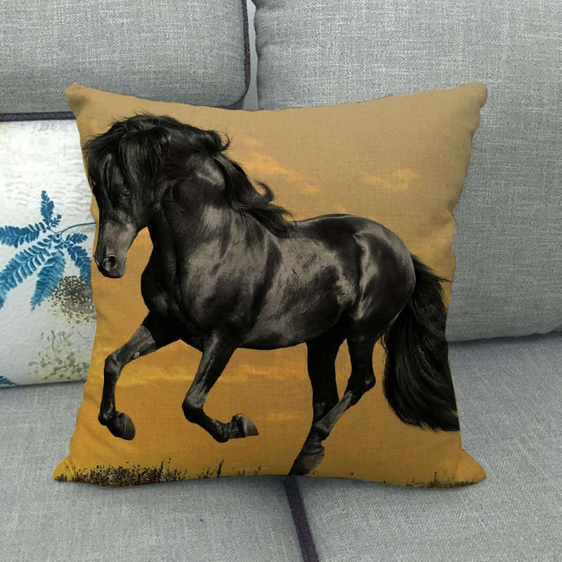 HKM-240595 Flax Digital Printed Horse Pattern Pillowcase, American Country Style, 45cm x 45cm, PP Cotton Filling, Linen Material