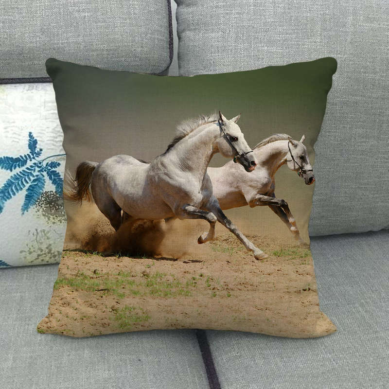 HKM-240595 Flax Digital Printed Horse Pattern Pillowcase, American Country Style, 45cm x 45cm, PP Cotton Filling, Linen Material